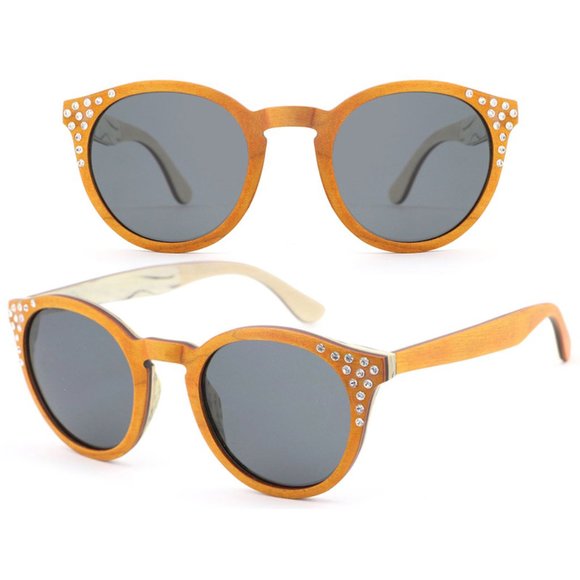 Wood Sunglasses with Gray Polarized Lens Wooden Veneer Frame with Rhinestones main image 6